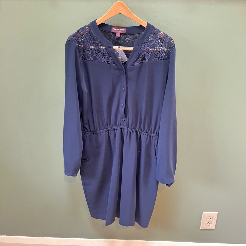 Johnston & Murphy‎ Navy Lace Inset Button Front Elastic Waist Dress Size M